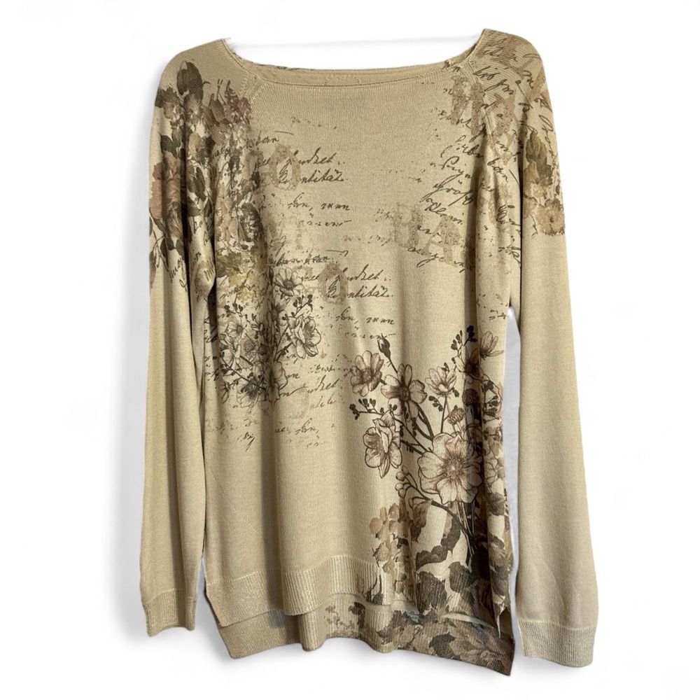 M MADE IN ITALY Womens Sweater L/S Tan Floral Metallic Cuffs Hem Lightweight